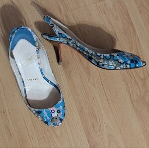 Christian Louboutin Blue Floral Peep-Toe Slingback Heels